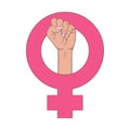 Feminism symbol with female fist raised up. Girl Power concept. Symbol of feminist movement with hand-drawn girl`s fist gesture.